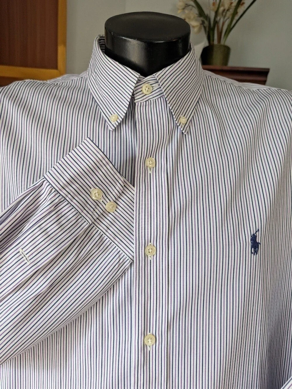 Ralph Lauren Mens Navy Purple White Pinstripe Button-Down Dress Shirt 17 32/33